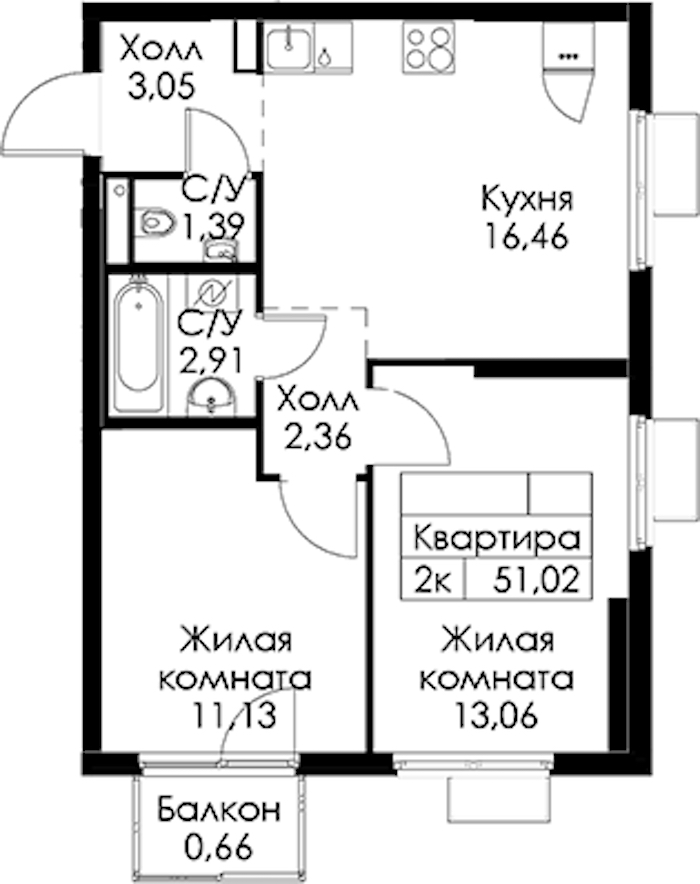 2-комнатная квартира 51.02 м², 13/24 эт., ЖК «Заречный парк»